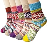 5 Paar Winter Wolle Damen Socken, Bunte Gemusterte Stricksocken MEHRWEG